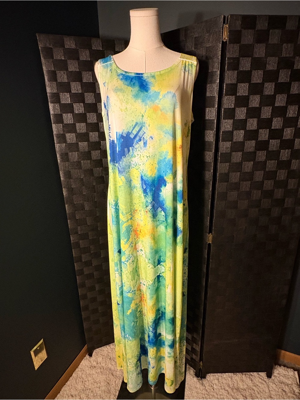 Fresh Of LA Sleeveless Watercolor Maxi Dress in Blue, Green & Yellow